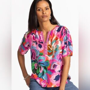 Johnny Was Ruffle Seam Colorful Short Sleeve Blouse Size M